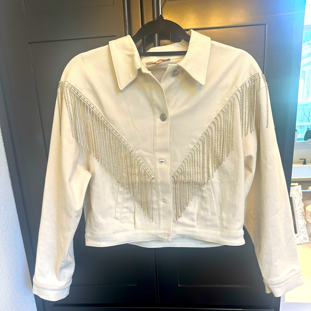 Cream Denim Jacket with Rhinestones Fringe!!